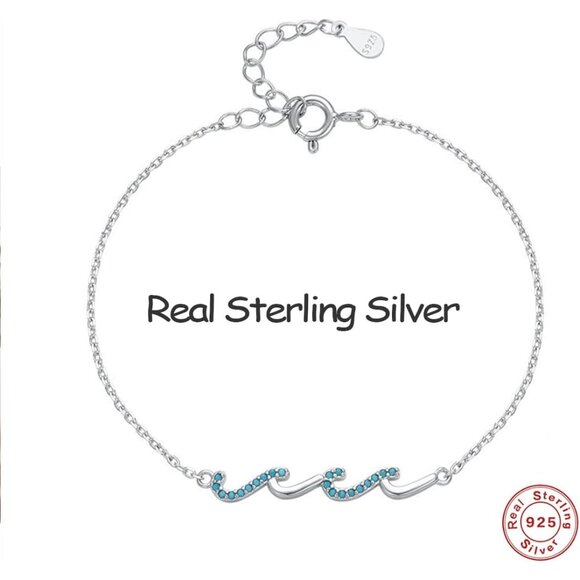 Wave Friendship Bracelet for Women - Sterling Silver with Blue Cubic Zirconia, 6 - Picture 5 of 6